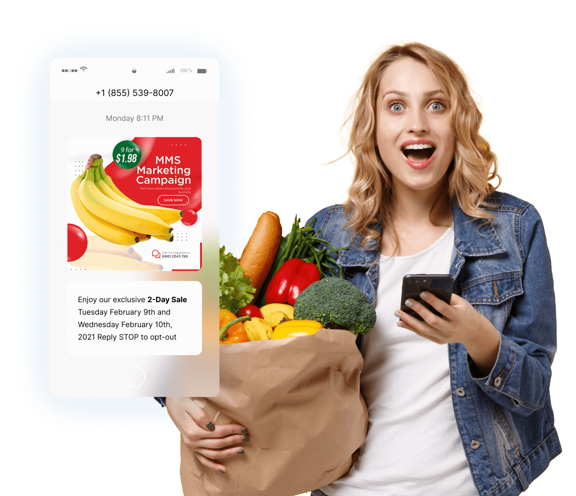 Grocery stores can send notifications of deals and discounts through SMS or MMS to attract customers to the store